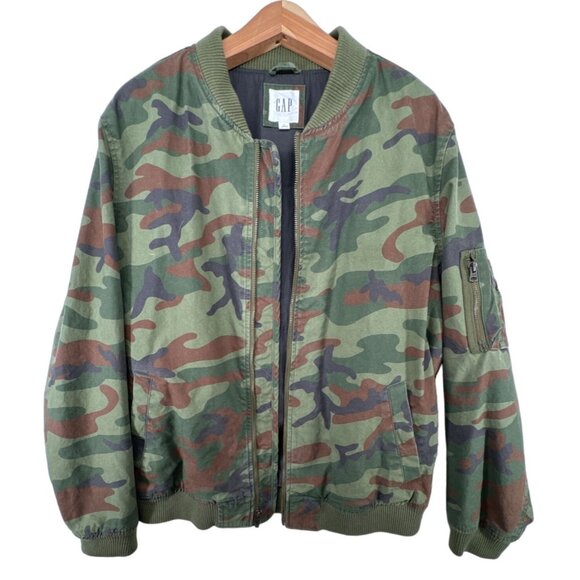 Gap Mens Jacket Sz L Camo Bomber Army Green Pockets 100% Cotton Full Zip Casual - Picture 1 of 13